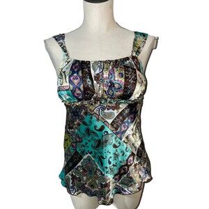 Iz Buyer Women's Vintage Y2K Babydoll Top size S Satin Paisley Stretch Bust